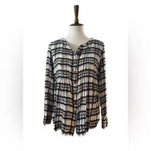 ANTHROPOLOGIE Black White Plaid Button Down Blouse Cotton Wool Blend Size 6
